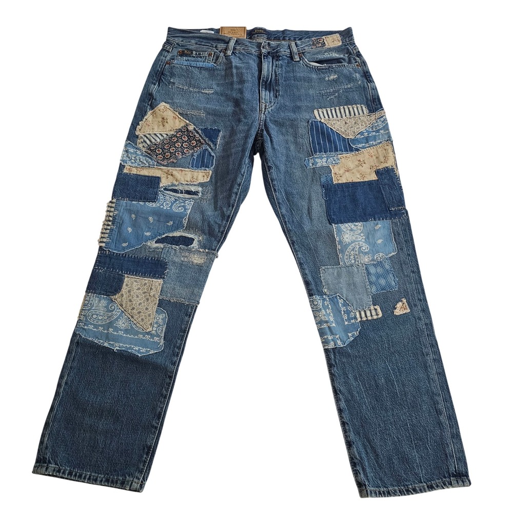 Polo Ralph Lauren Avery Boyfriend Patchwork Jeans Blue Distressed Womens 34x27